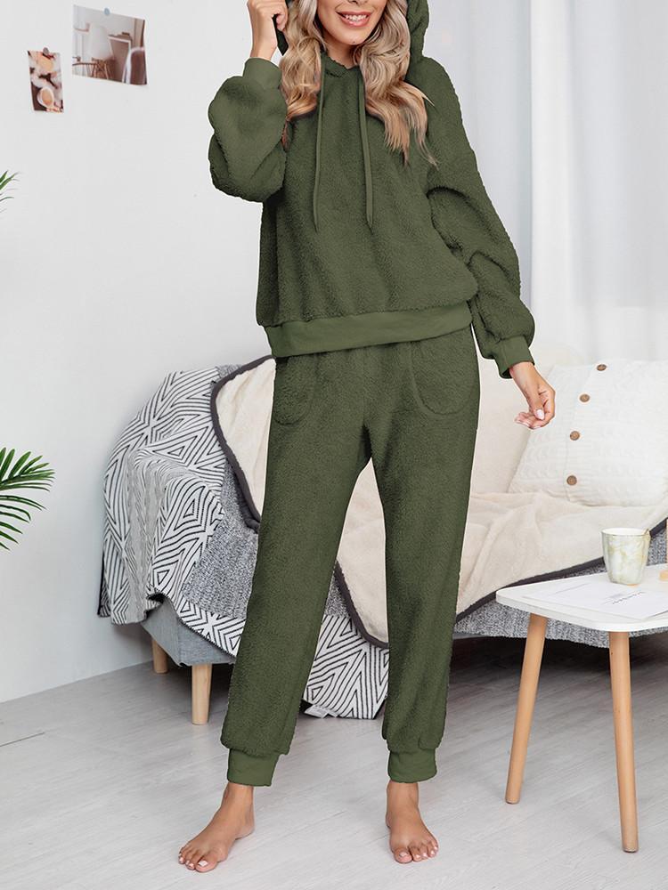 Plush Drawstring Homewear Pocket Hoodie Two-piece