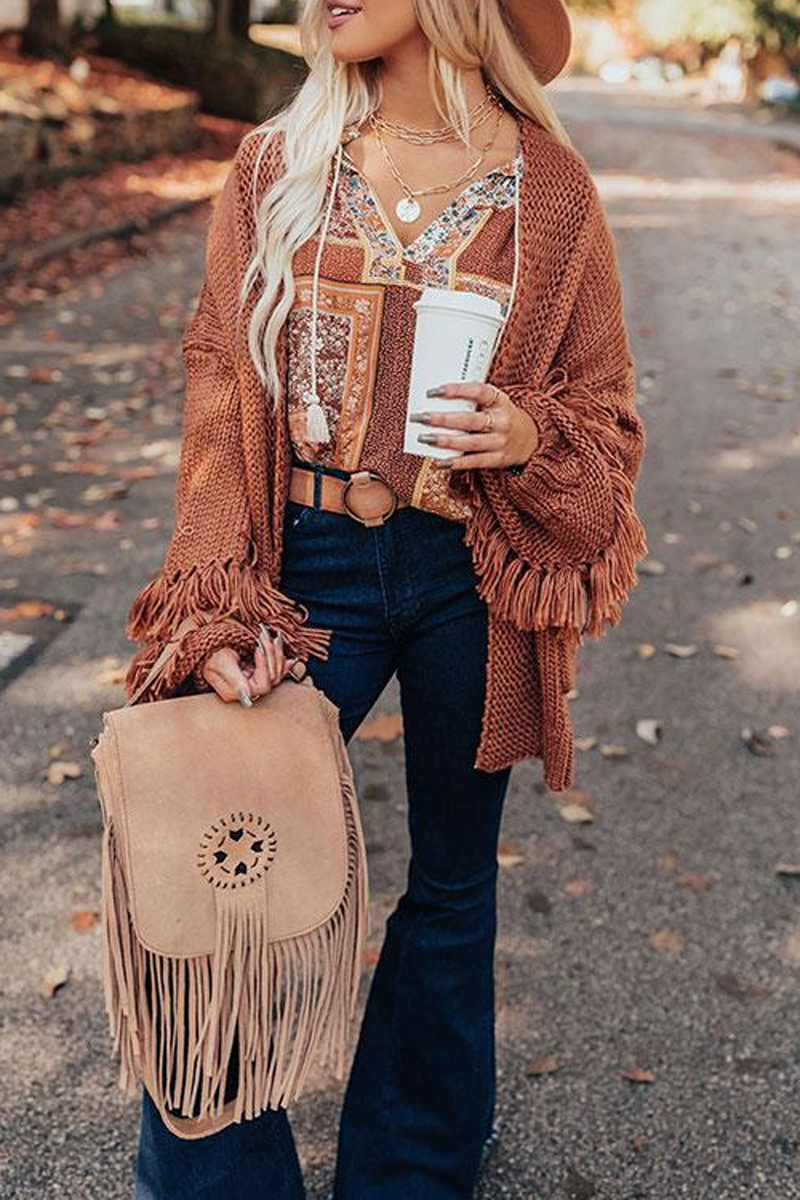 Solid Double Pockets Tassel Cardigan