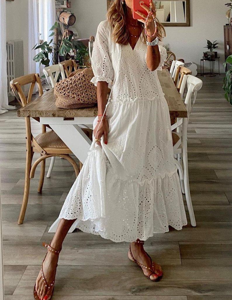 Romantic White Half Sleeve Maxi Dress