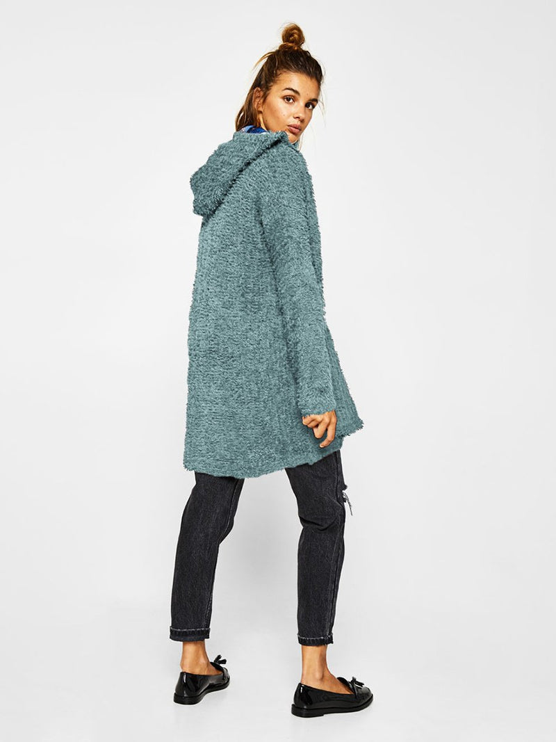 Plush Hooded Open Front Long Cardigan Coat