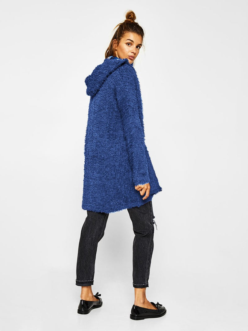 Plush Hooded Open Front Long Cardigan Coat