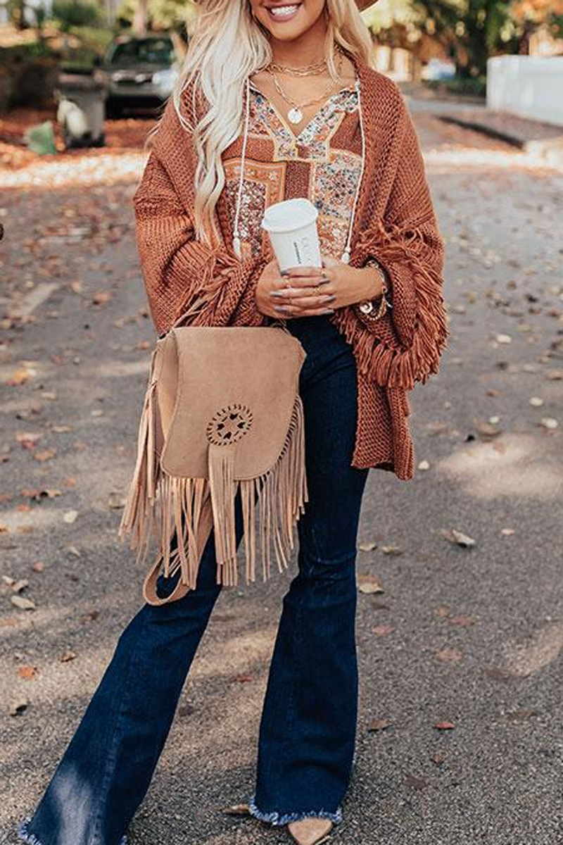 Solid Double Pockets Tassel Cardigan