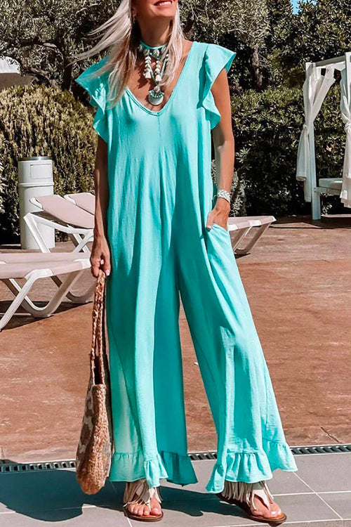 V Neck Ruffle Hem Pockets Slouchy Jumpsuit