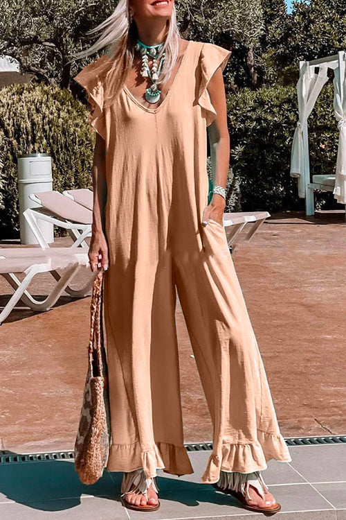 V Neck Ruffle Hem Pockets Slouchy Jumpsuit