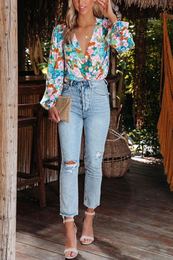 Multicolor Floral Wrap Blouse