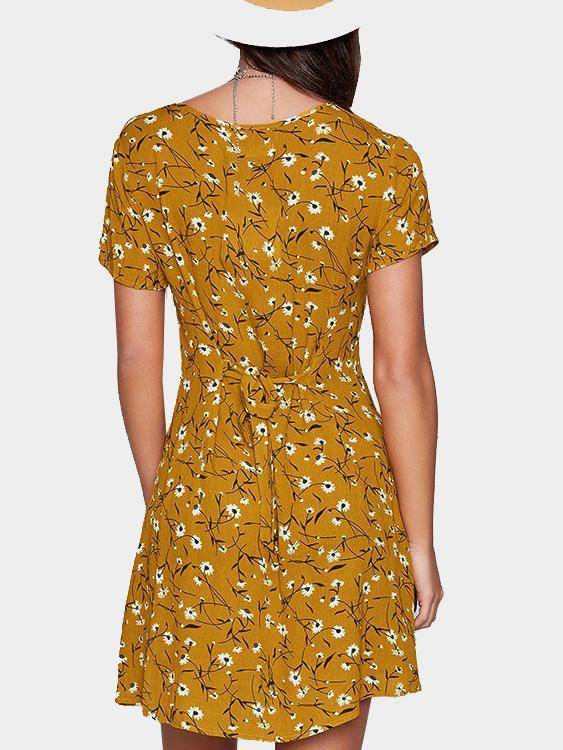 Random Floral Print Button Front Short Sleeves Mini Dress - Landing Closet