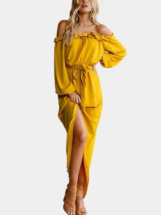 Yellow Off The Shoulder Long Sleeves Split Hem Maxi Dress with Belt