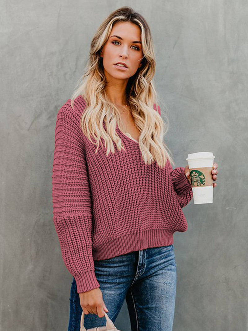 IndianRed Loose Long Sleeve Knit V-neck Sweater