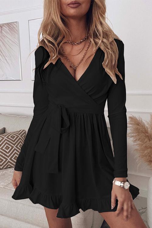 Wrap V Neck Tie Waist Ruched Ruffle Dress