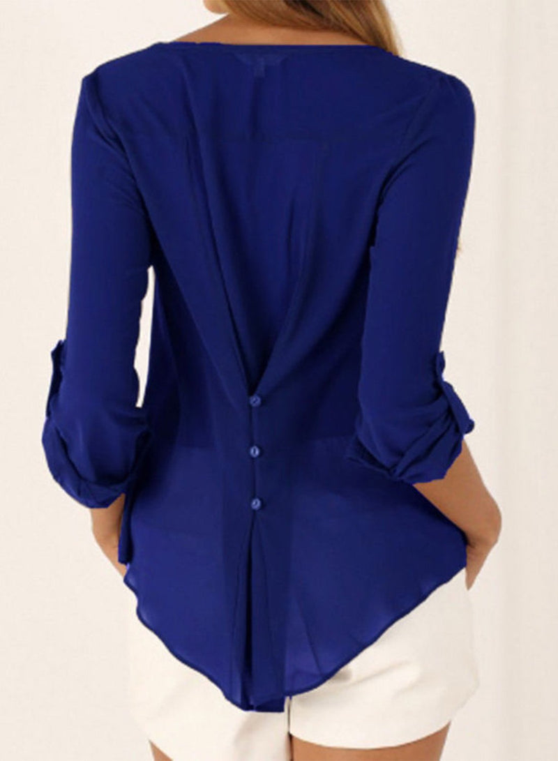 V Neck Long Sleeve Solid Irregular Blouse