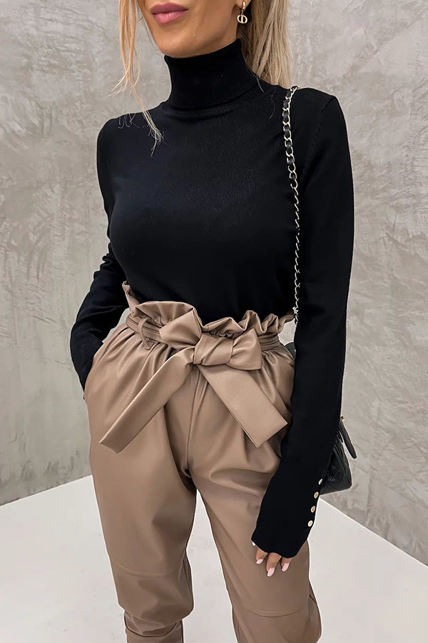 The Dash Petal Waist Pocketed Faux Leather Pants