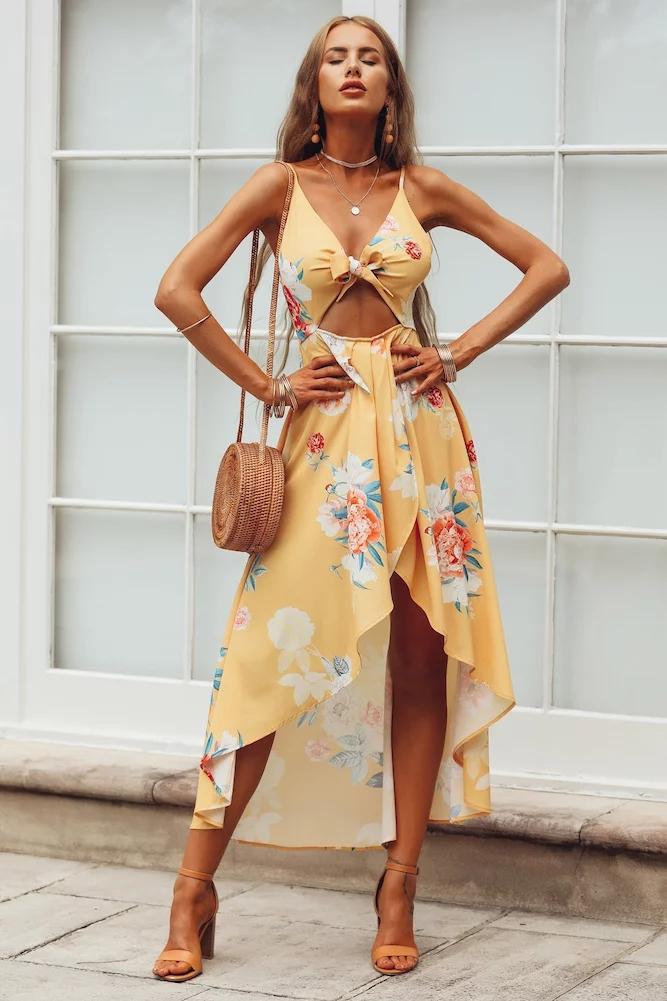 Pink Sleeveless Flowers Printed Irregular Hem Dress