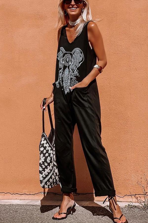 Aliya Relaxed Elephant Print  Knit Jumpsuit