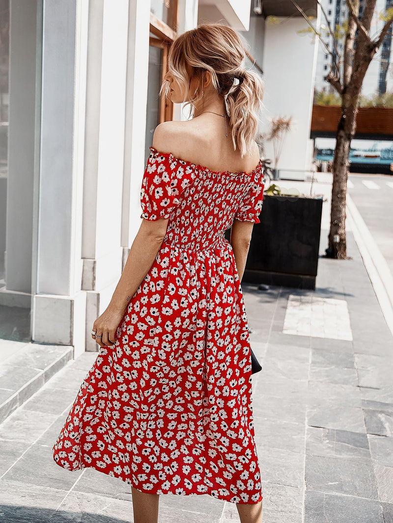 Floral Off Shoulder Split Swing Midi Dress