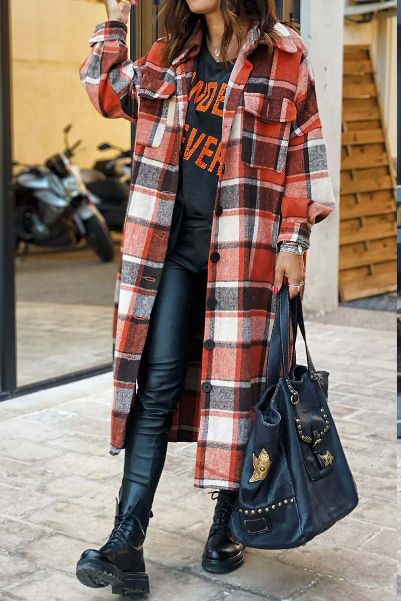 Lapel Plaid Print Woolen Long Coat