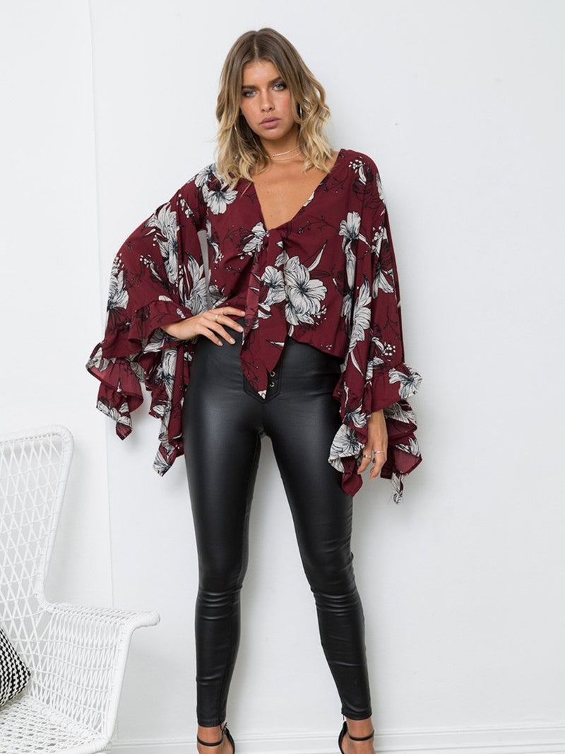 Long Sleeve Floral V-neck Irregular Hem Top