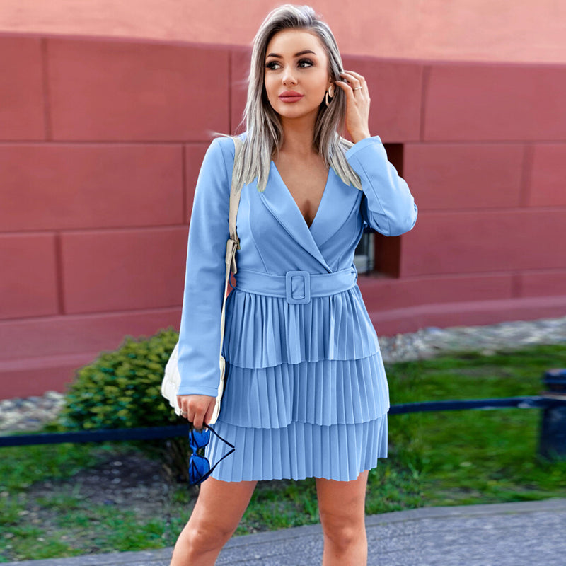 Belted Long Sleeve V Neck Mini Dress