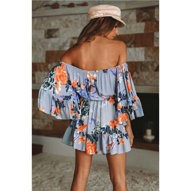 Flared Sleeve Floral Off Shoulder Backless Mini Dress - Landing Closet