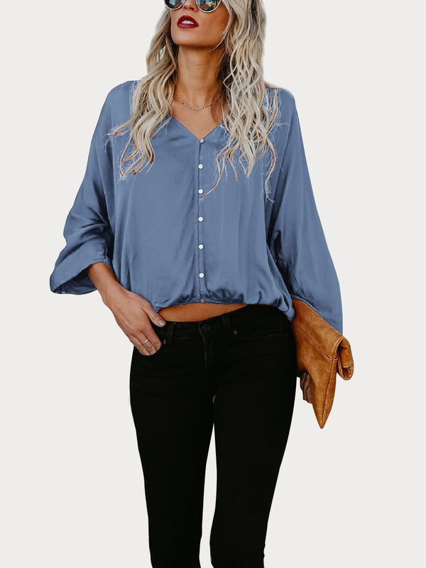 Black Button Down V Neck Casual Blouse - Landing Closet