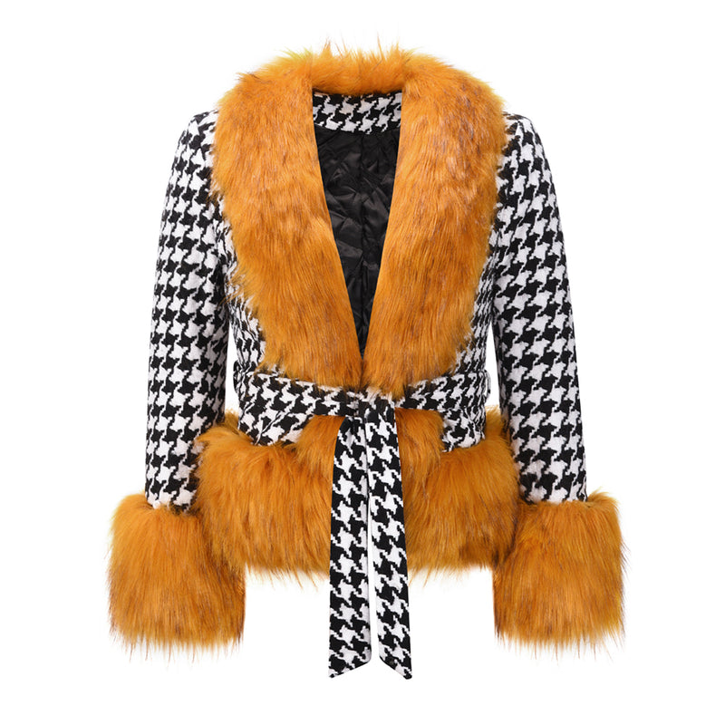 Fur Collar Sleeve Tie Front Fleece Coat