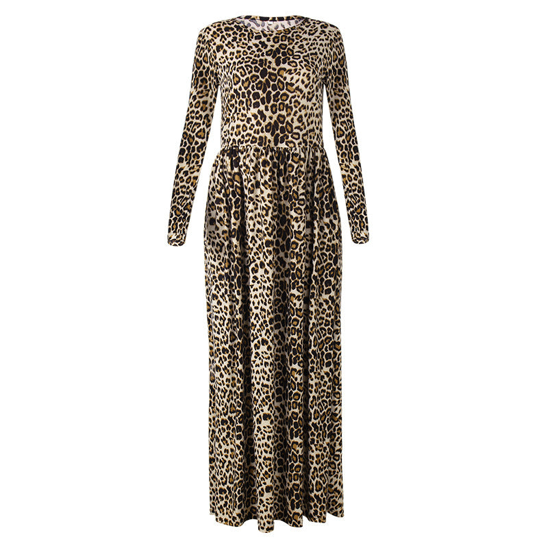 Long Sleeve Leopard Crew Neck Maxi Dress