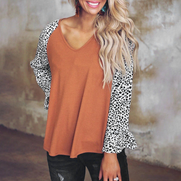 Casual Leopard Long Sleeve V Neck Top