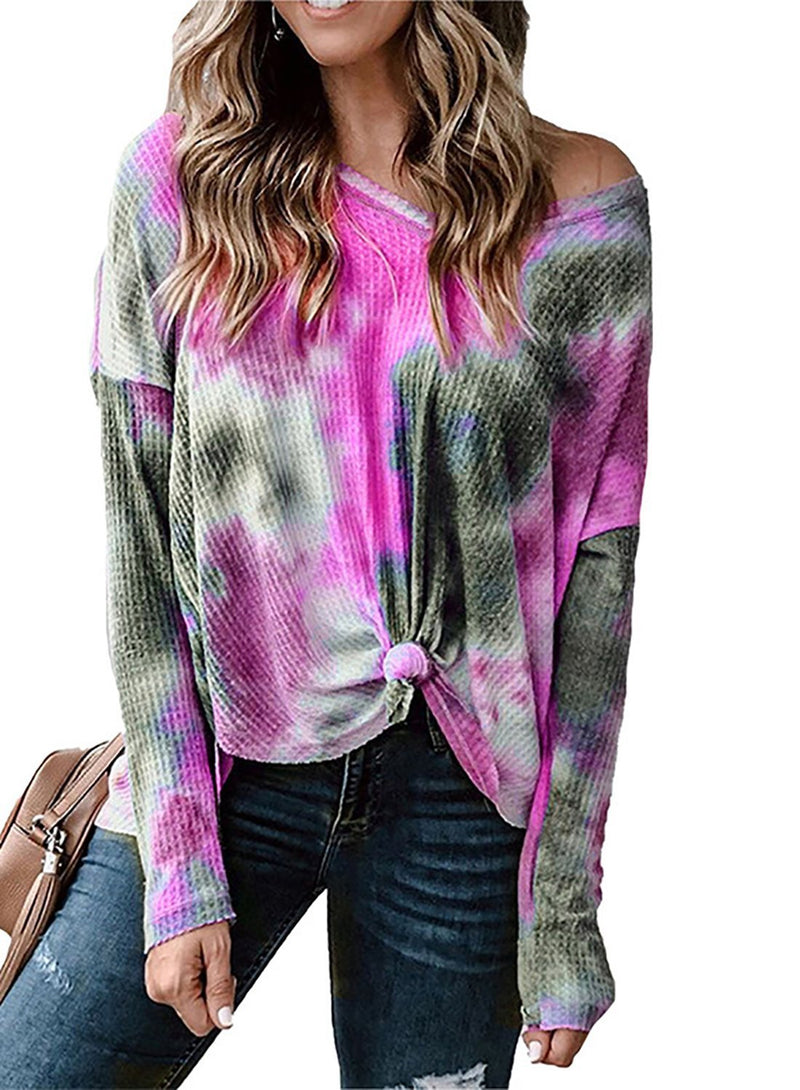 Off Shoulder Tie Dyed Women Casual Long Sleeve Shirt