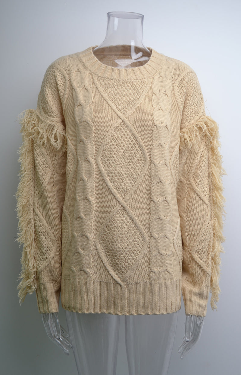 Round Neck Long Sleeve Cable Knit Design Sweater