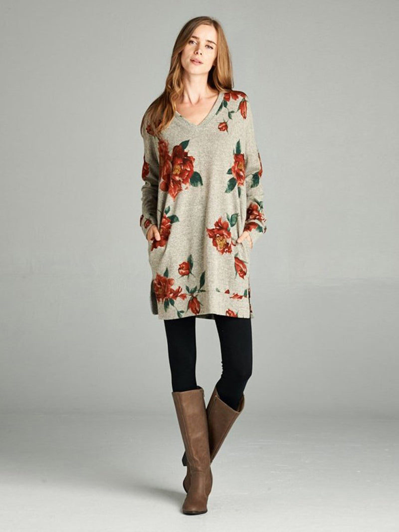 Floral Printed V-neck Long Sleeves Side Slit Pullover Top