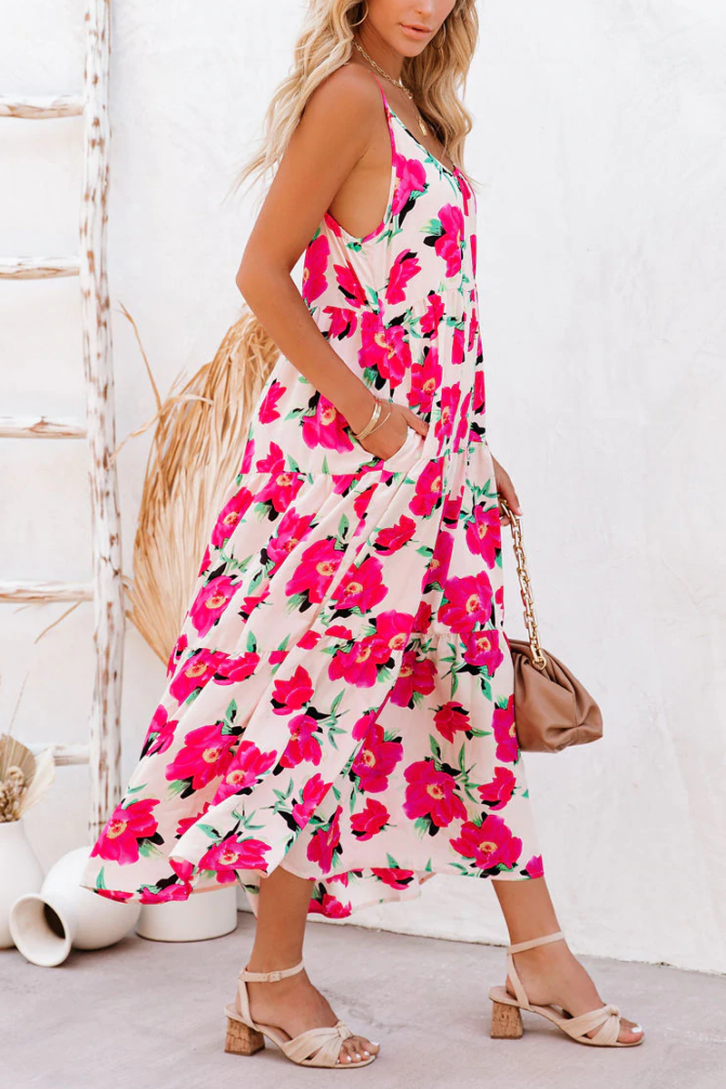 Koa Pocketed Floral Tiered Midi Dress