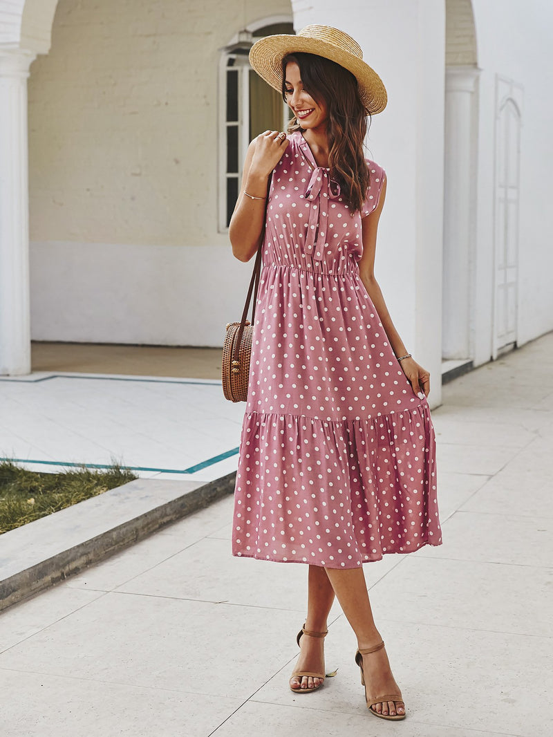 Polka Dot Tie Front V Neck Long Dress