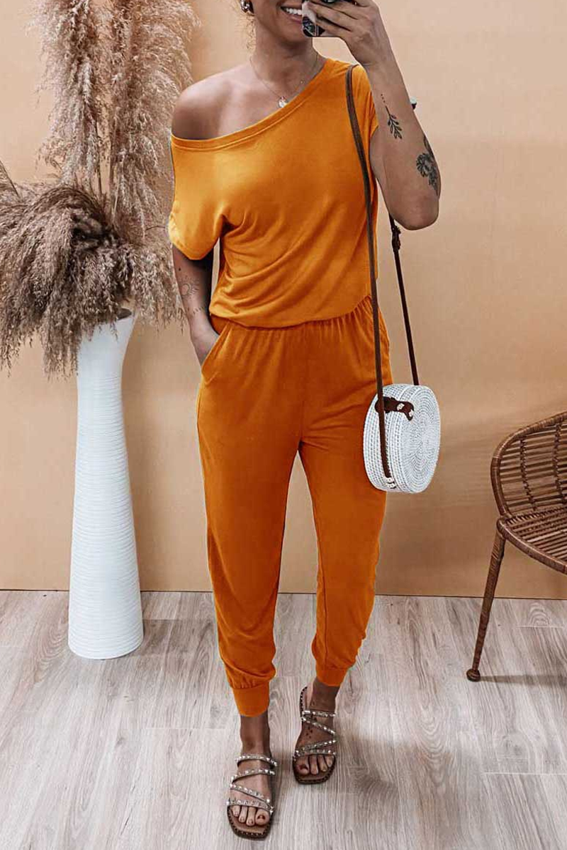 Solid Color Short Sleeve Pocket One Piece Jumpsuit