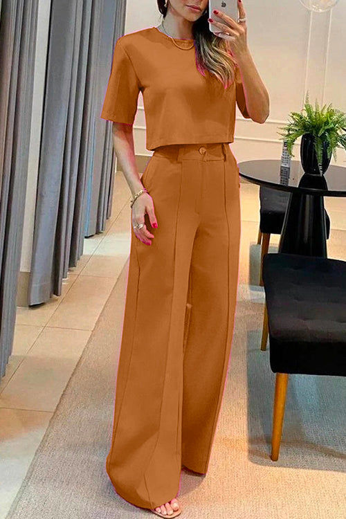 Crewneck Short Sleeve Crop Top Wide Leg Palazzo Pants Outfits Set