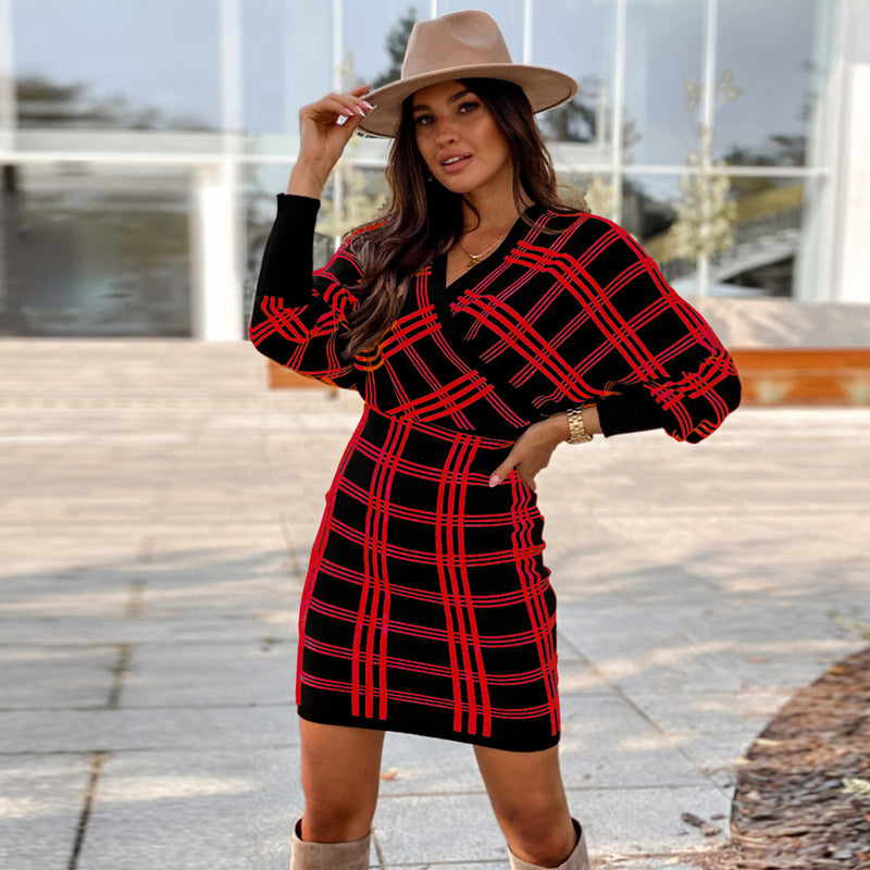 Casual V Neck Long Sleeve Mini Dress