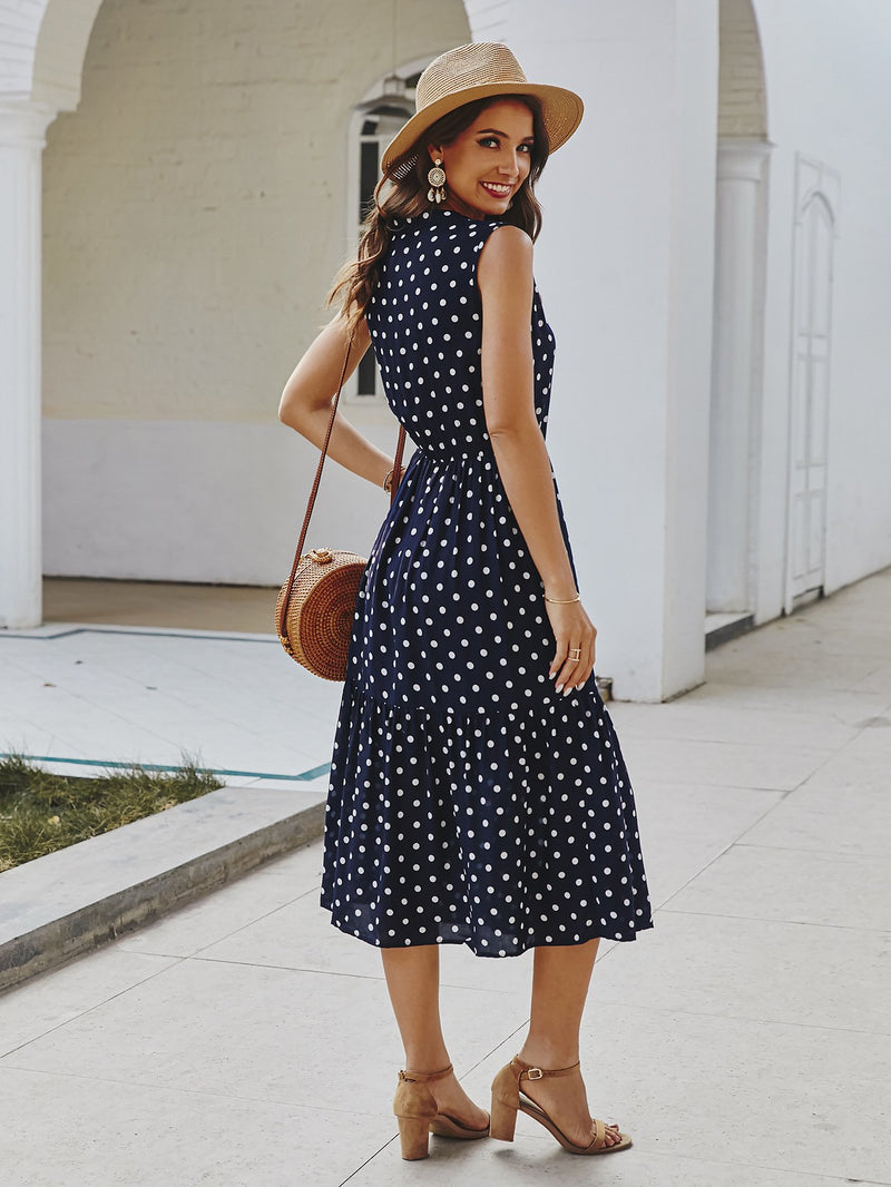 Polka Dot Tie Front V Neck Long Dress