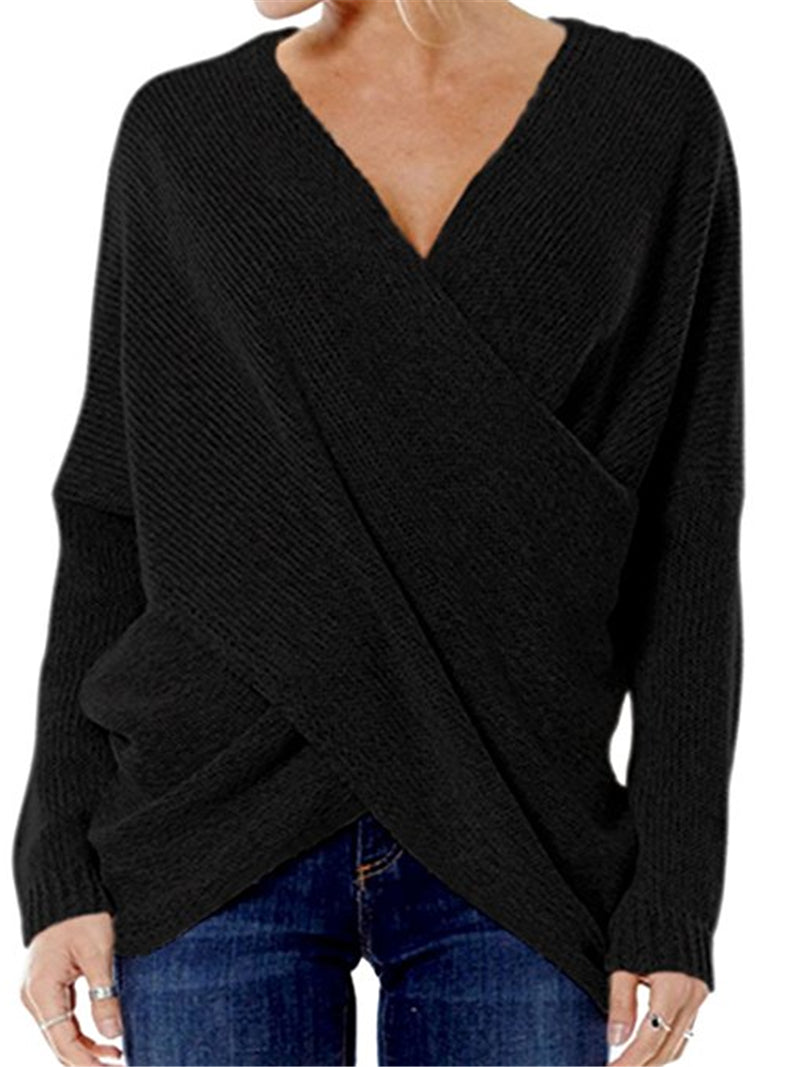 Knitted Deep V-Neck Long Sleeve Wrap Sweater