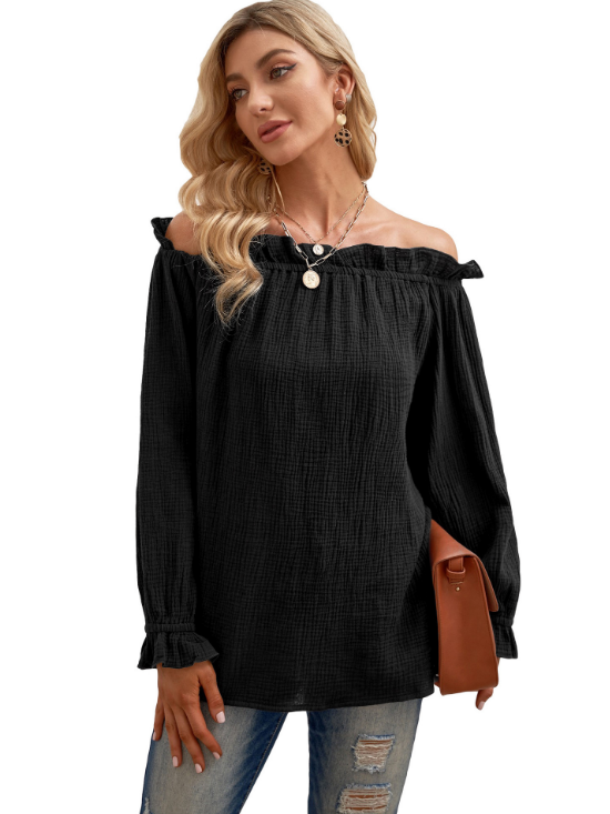 Off Shoulder Long Sleeve Ruffle Hem Crop Blouse Top