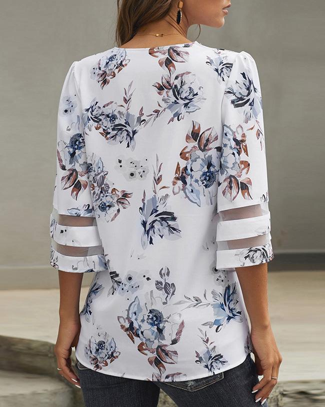 Floral Print V Neck Blouse (3 Color