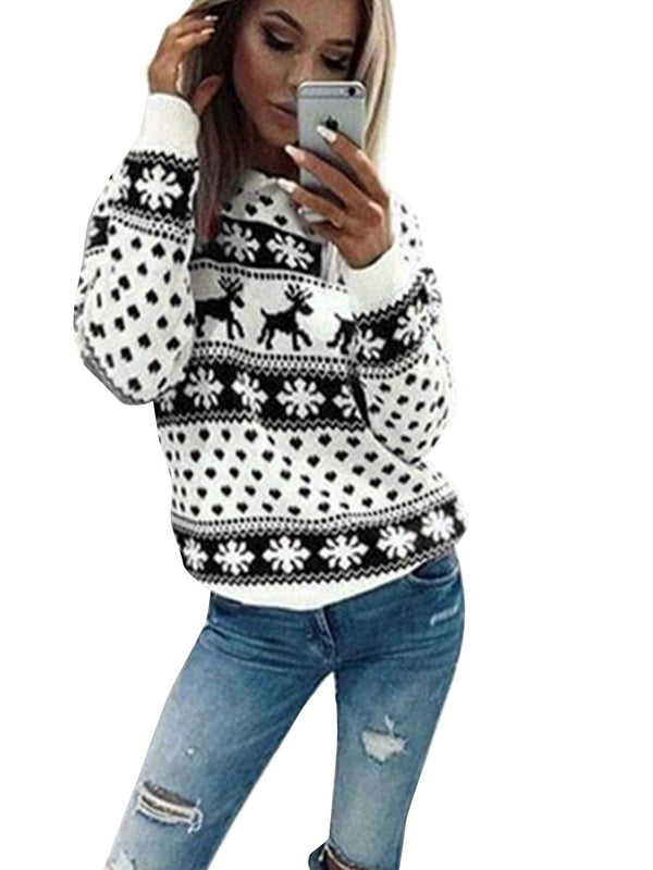 Long Sleeves Elk Snowflake Knitted Pullover Sweater