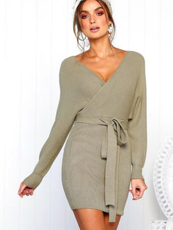 V-neck Knit Waist Belt Long Sleeves Sweater Dress