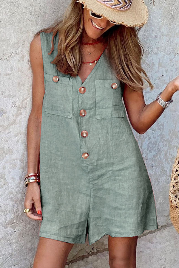 Button V Neck Pockets Romper