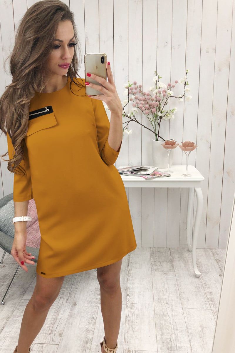 Black 3/4 Length Sleeve Plain Casual Crew Neck Mini Dress - Landing Closet