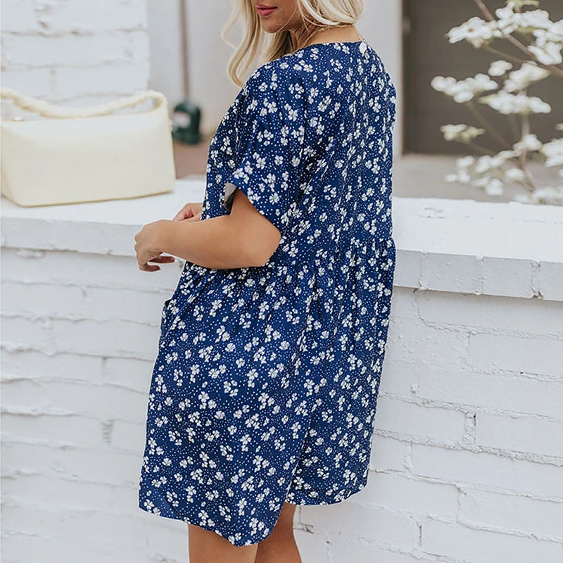 Button Down V Neck Short Sleeve Floral Mini Dress