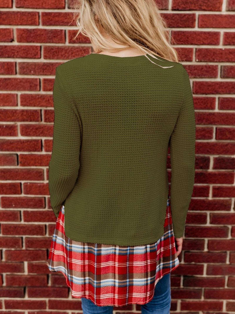 Long Sleeve Stitching Plaid Round Neck Pullover Top