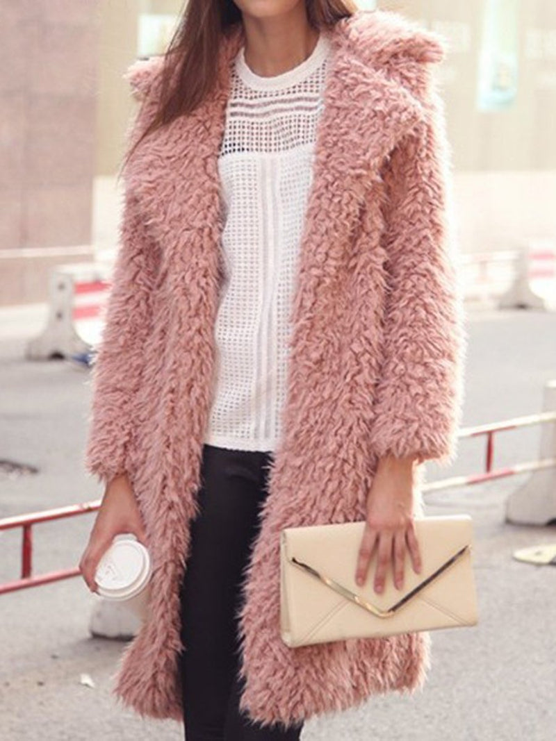 Long Sleeves Plush Lapel Collar Long Coat