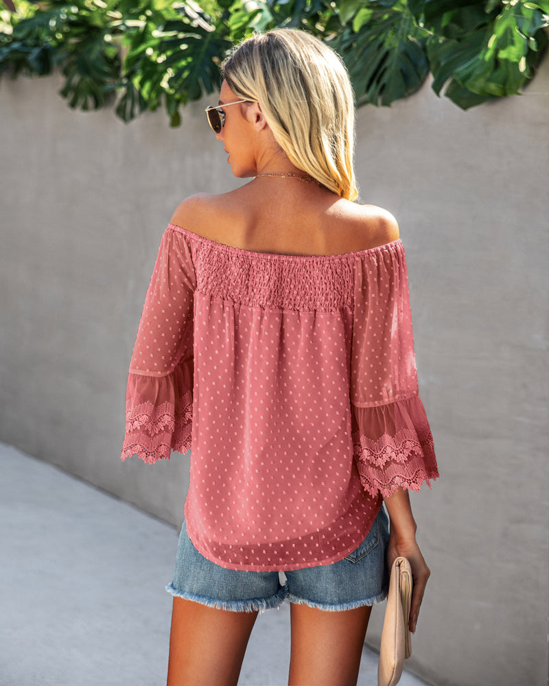 Polka Dot Off Shoulder Lace Sleeve Top