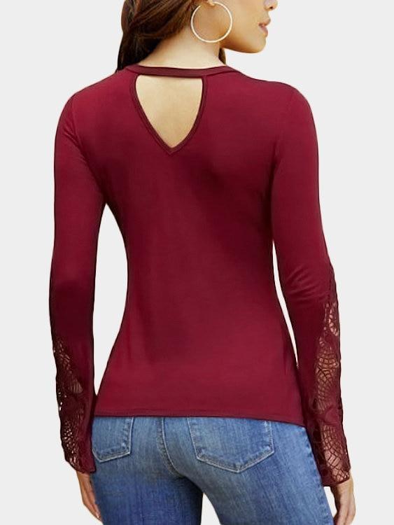 Firebrick Lace Detail Twist Knot Design V-neck Long Sleeves Blouse - Landing Closet