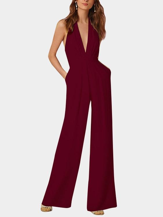 Deep V-neck Sleeveless Wide Leg Playsuit - Landing Closet