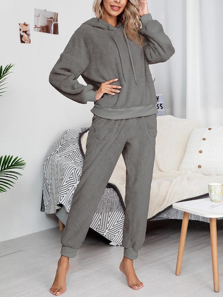 Plush Drawstring Homewear Pocket Hoodie Two-piece