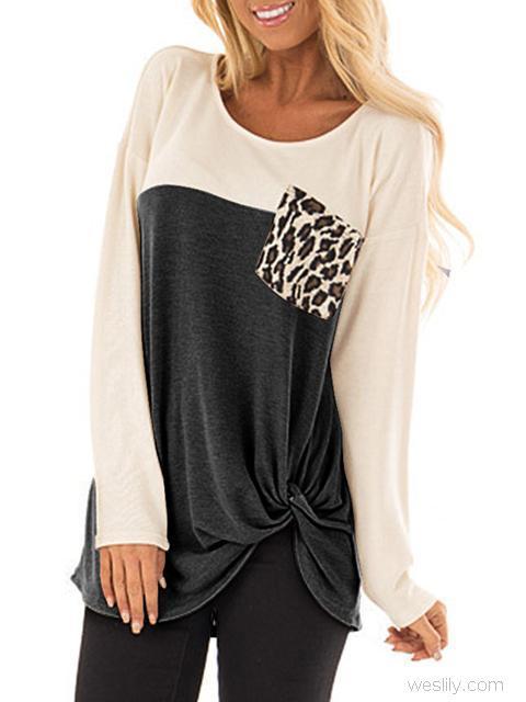 Color Block Leopard Pocket Twisted Tops